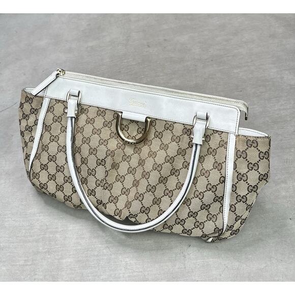 Gucci Vintage Authentic GG Canvas Off White Leather D-Ring Tote Hobo Bag - Picture 1 of 16